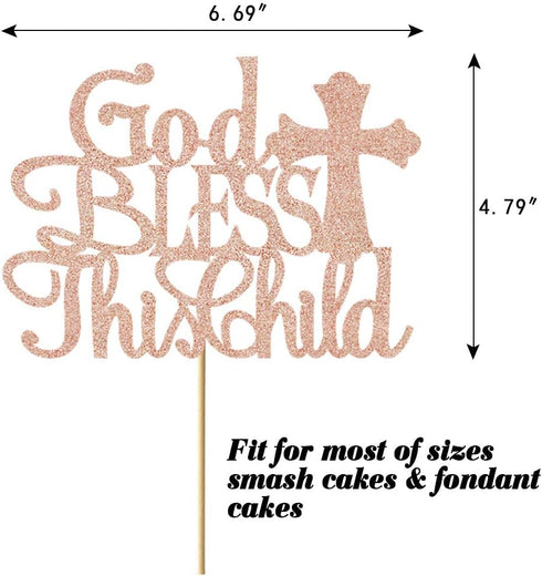 God Bless this Children Cake Topper, Rose Gold Glitter Baptism Cake Toppers for Girl Boy Christening, First Communion Baby Shower - Handmade (6.7'...