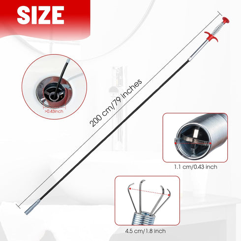 79 Inch Drain Snake Hair Drain Clog Remover Tool, Sink Drain Cleaner for Sewer Kitchen Bathroom Shower Tub Clogged Drains Opener Cleaning Tool-Fle...