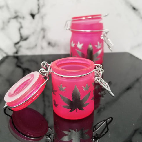 Airtight Glass Herb Mini Storage Jar with Clamping Lid in Choice of Design (Frosted Neon Pink/Silver Leaves)...