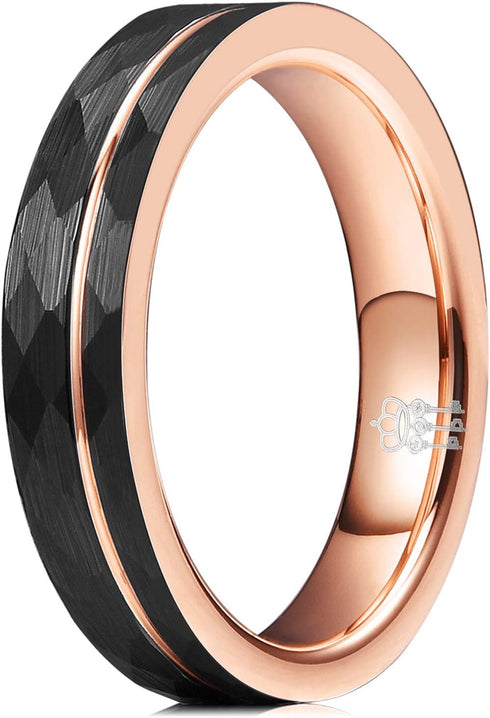 THREE KEYS JEWELRY 4mm Womens Charming Jewelry Tungsten Hammered with Rose Gold Interior & Stripe Wedding Carbide Ring Band for Women Engagement B...