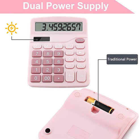 Office Calculators Desktop, 12-Digit Dual Power Cute Calculator with Large LCD Display Big Button for Office Home and School (Pink)...