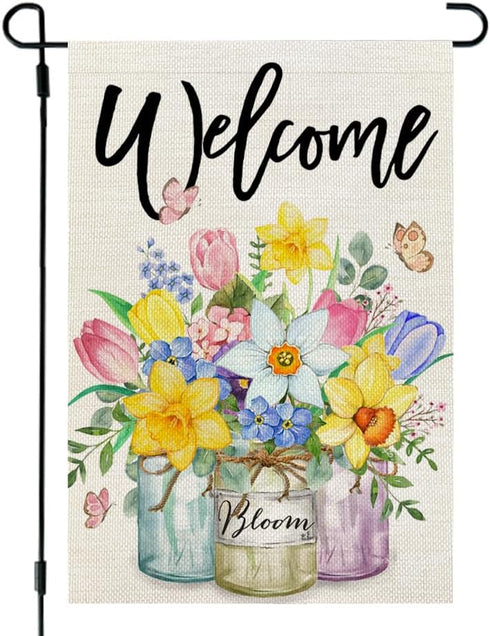 CROWNED BEAUTY Spring Garden Flag Floral Mason Jar 12x18 Inch Double Sided for Outside Small Burlap Seasonal Welcome Yard Flag...