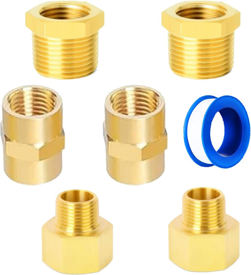 Brass Fitting 7pcs, 1/2" X 3/8" NPT Kit, Reducing Adapter, Reducing Hex Nipple, Hex Bushing...