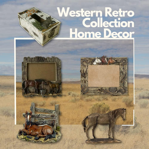 Comfy Hour Western Retro Collection Resin Art 6"x5" Photograph Running Horses Horseshoes Photo Frame Blue...