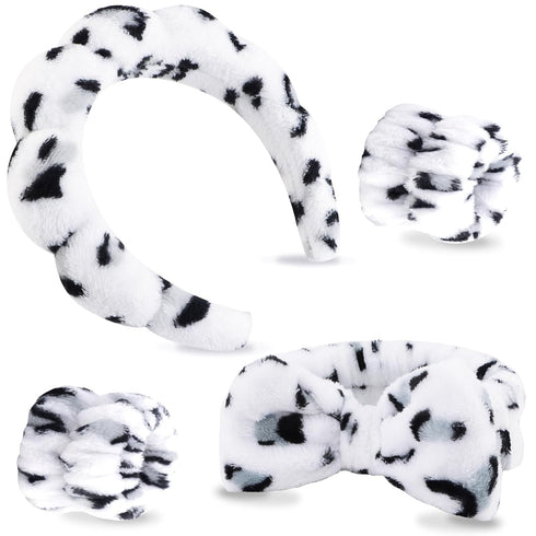 VELSCRUN 4 Pcs Spa Headband, Face Wash Headband, Skincare Headbands, Makeup Headband, Cow Leopard Puffy Sponge Hair Band Bow Tie Bubble Spa Headba...