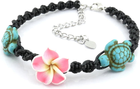 Turquoise Turtle Hemp Style Bracelet or Anklet - Pink Frangipani Flowers Hawaiian Bracelet - Adjustable...