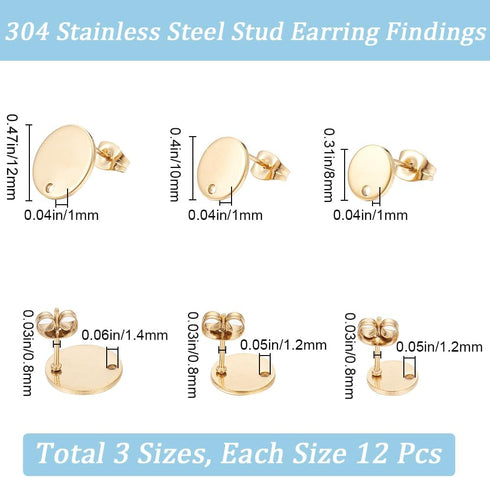 1 Box 36Pcs 3 Size Round Earring Posts Stainless Steel Stud Earring Findings with Loop Gold Hypoallergenic Blank with Butterfly Ear Back Flat Pad ...