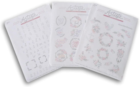 Embroidery Transfer Sheet Pattern 3-Pack Kit - Sketch Alphabet, Fanciful Florals, Inspirational Phrases......