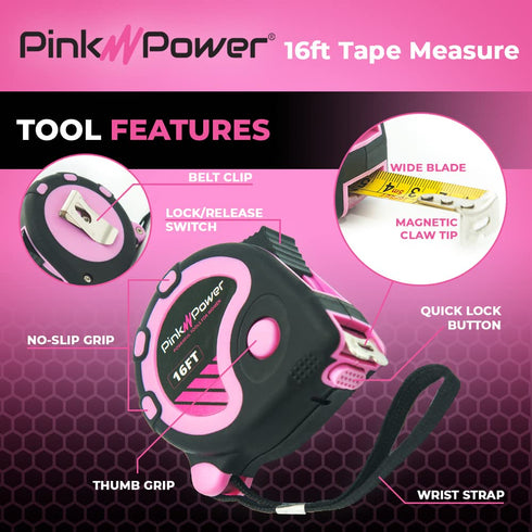 Pink Power 16ft Pink Measuring Tape Measure for Womens Tool Kit with Retractable Blade and Lock Button - Girls Tape Measure for Pink Tools - Light...