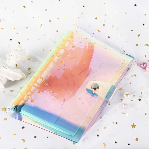 1 Piece Rainbow Clear Notebook Binders 6-Ring Planner Binder Soft PVC Binder Transparent Loose Leaf Personal Planner with Snap Button Closure Roun...