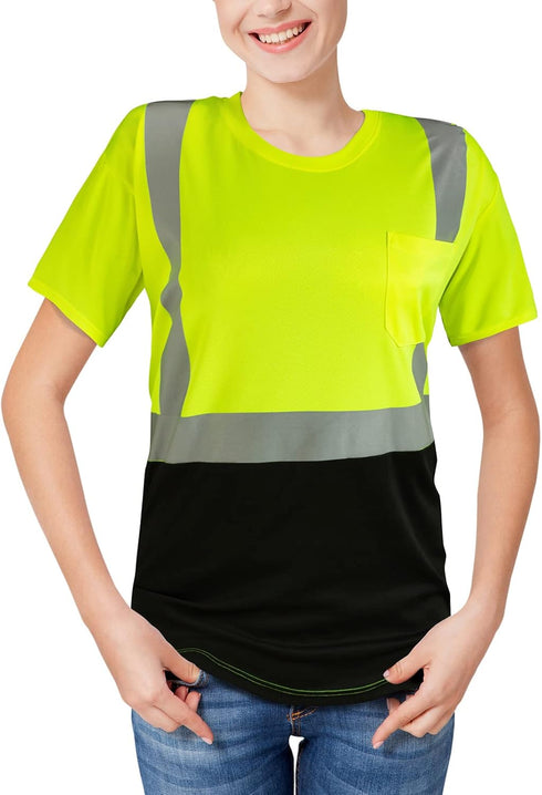High Visibility Shirts Quick Dry Safety T Shirts with Reflective Strips and Pocket Short Sleeve Mesh Hi Vis Construction Work Class 2 Shirt for Me...