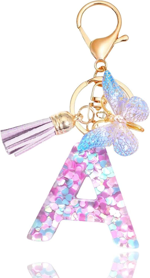 Purple-Blue Pink Green Resin Alphabet Initial Letter Keychain Tassel Butterfly Key Ring for Purse Handbag Car Keys...
