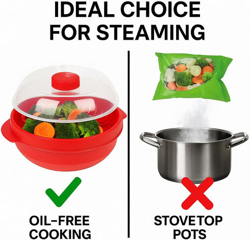 Microwave Steamer for Vegetables, Fish, Poultry & Rice – BPA-Free Healthy Oil-Free Cooking Container – Red – Dishwasher & Freezer Safe...