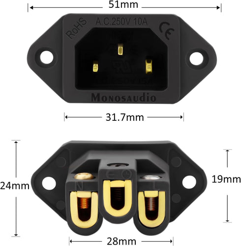 Monosaudio Gold Plated AC Power Socket 250V 10A IEC 320 C14 Panel Mount Plug Adapter Power Connector Socket Screw Mount 3 Pins Inlet Male Power Pl...