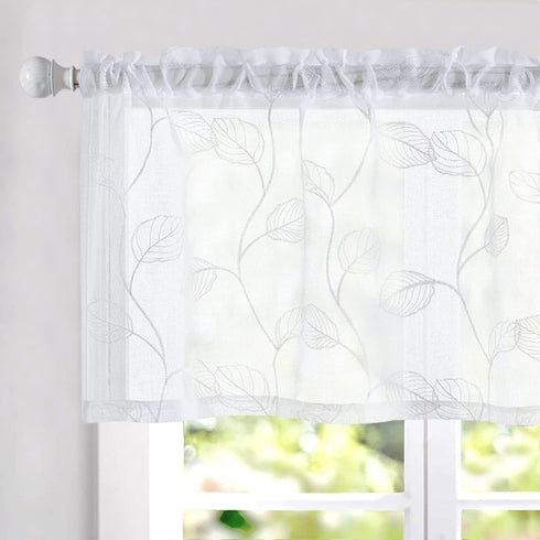 Topick White Sheer Leaf Curtain Kitchen Valance for Windows Leaf Embroidered Voile Small Curtain Valance Semi Sheer Farmhouse Curtain 18 Inch Rod ...