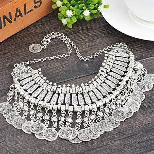 MJartoria Statement Necklace for Women, Boho Collar Choker Coin Tassel Ethnic Gypsy Chunky Necklace Antique Silver Color Bib Festival Halloween Ca...