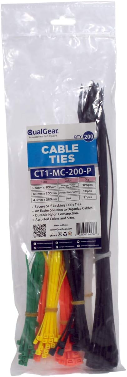 QualGear CT1-MC-200-P Self-Locking Cable Ties, Assorted, 200/Poly Bag, Green,black,yellow,orange...