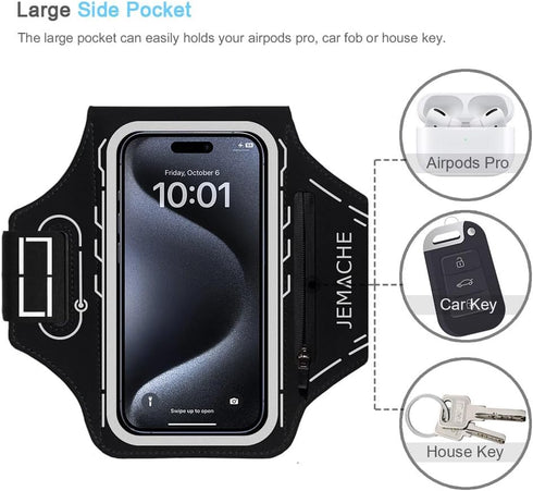 iPhone 16 15 Pro Max & Plus Armband, JEMACHE Gym Workouts Running Phone Arm Band for iPhone 16 15 14 13 12 11 Pro Max/Plus with Airpods Holder (Bl...