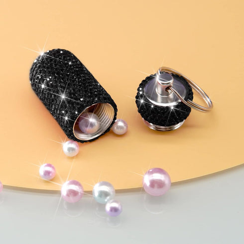Bling Pill Case Pill Container Rhinestone Pill Box Portable Waterproof Pocket Pill Holder Storage Bottle with Keychain for Travel, Outdoor, Campin...