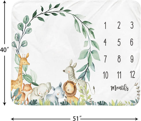 Baby Monthly Milestone Blanket Boy - Jungle Animals Newborn Month Blanket Neutral Safari Personalized Shower Gift Eucalyptus Leaf Wreath Nursery D...