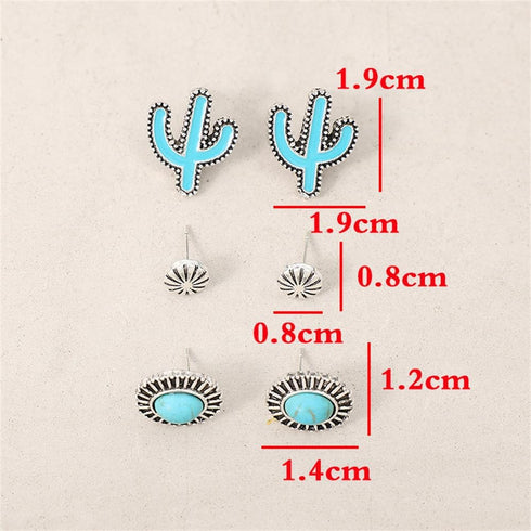 3Pcs Western Turquoise Stud Earrings Set Natural Turquoise Bohemian Cactus Pumpkin Flower Lightning Earrings Vintage Jewelry Gifts for Women Girls...