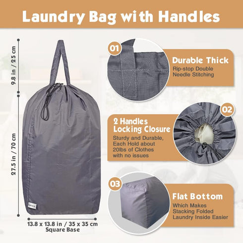 Washable Travel Laundry Bag with Handles and Drawstring (2 Pack), Heavy Duty Large Enough to Hold 3 Loads of Laundry, Fit a Laundry Basket or Clot...