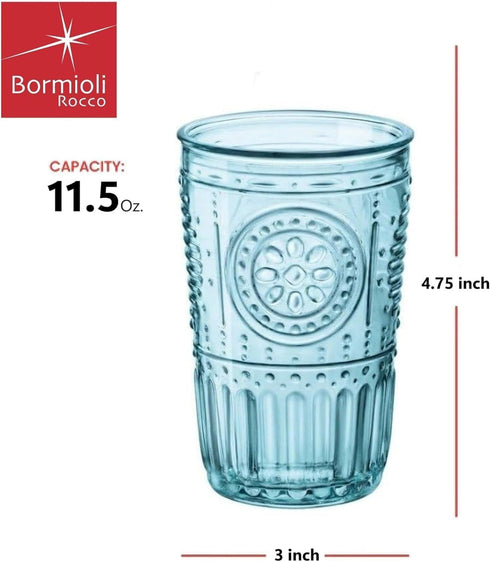 Bormioli Rocco Romantic Set Of 4 Tumbler Glasses, 11.5 Oz. Colored Crystal Glass, Light Blue, Made In Italy....