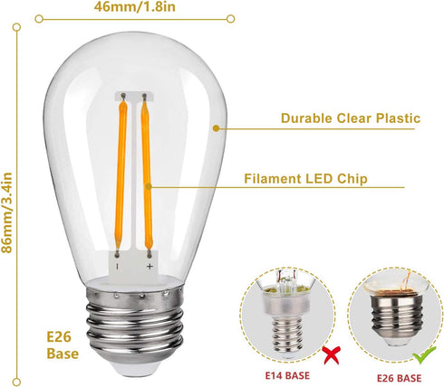 25Pack S14 LED Replacement Light Bulbs, Shatterproof Outdoor String Plastic Light Bulbs, 2W Equivalent 20W, E26 Base, 2200K Warm White LED Vintage...