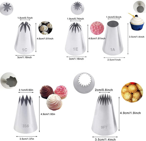 Piping Tips Large Pastry Tips Set,Cake Cream Decorating Tips for Frosting,Icing Piping Nozzle For Cupcakes Cakes Cookies(1A,1C,1E,356,9FT)...
