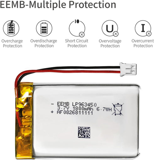 EEMB Lithium Polymer Battery 3.7V 1800mAh 963450 Lipo Rechargeable Battery Pack with Wire JST Connector for Speaker and Wireless Device- Confirm D...