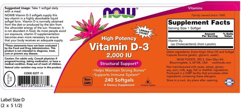 NOW Foods Vitamin D-3, Structural Support 2000 I.U, 480 Softgels...