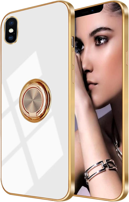 Omorro for iPhone Xs Max Case for Women Ring Holder, 360 TPU Rotation Kickstand Rings Cases with Stand Glitter Plating Rose Gold Edge Work with Ma...