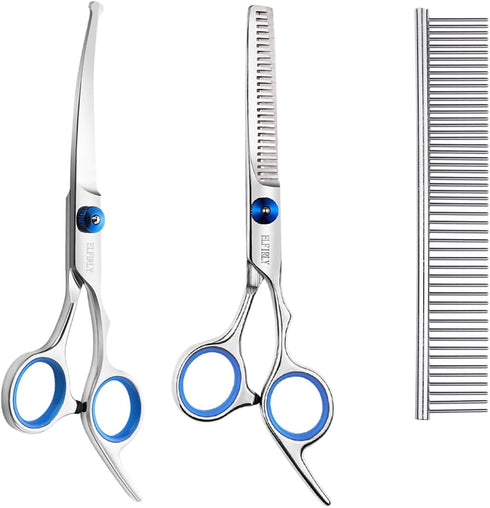 Dog Grooming Scissors Set with Safety Round Tip (2 Pack - Curved Scissors Thinning Shears for Grooming) Pet Grooming Shears with Grooming Comb for...
