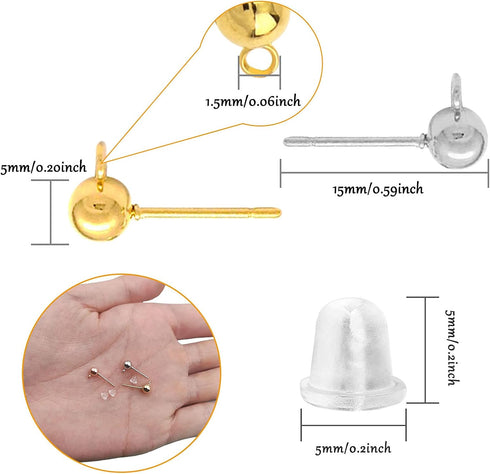 600Pcs Ball Post Earring Studs Set for Jewelry Making,300Pcs Earring Studs Ball Ear Pin Ball Post Earrings with Loop with 300Pcs Rubber Earring Ba...