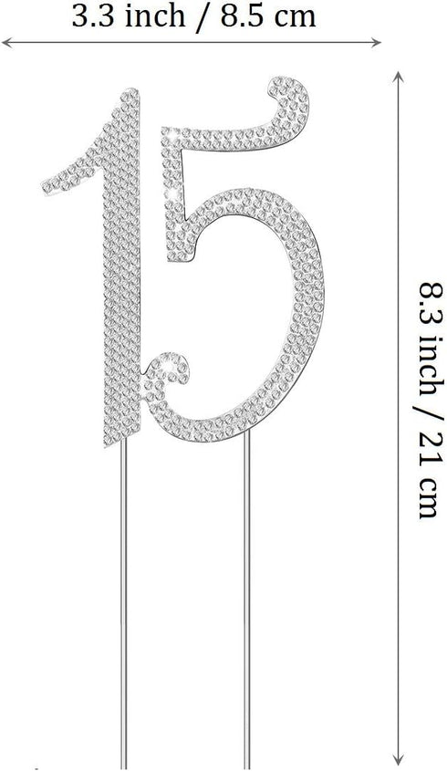JANOU 15 Cake Topper Number 15 Crystal Rhinestones 15th Cake Decoration for Birthday Anniversary Party Decoration (Silver)...