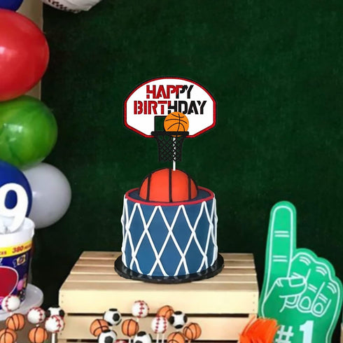 Basketball Cake Topper Happy Birthday Sign Cake Decorations for Basketball Ball Player Scene Sport Net Court Themed Man Women Boy Girl Birthday Pa...