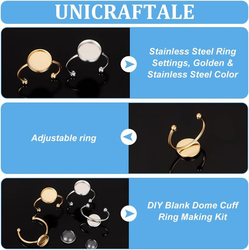 UNICRAFTALE 20 Sets 2 Sizes 2 Colors DIY Blank Dome Cuff Ring Making Kit Golden Ring Blanks Adjustable Ring Blank Base with Cabochons Stainless St...