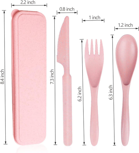 Reusable Travel Utensils Set with Case, Pink Wheat Straw Portable Knife Fork Spoons Tableware, Eco-Friendly BPA Free Cutlery for Kids and Adults a...