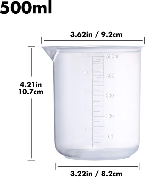 Plastic Beaker Set, 5 Sizes Low Form Measuring Graduated Griffin Polypropylene Beakers in 500 ml, 250 ml, 100 ml, 50 ml, 25 ml for Laboratory, & S...