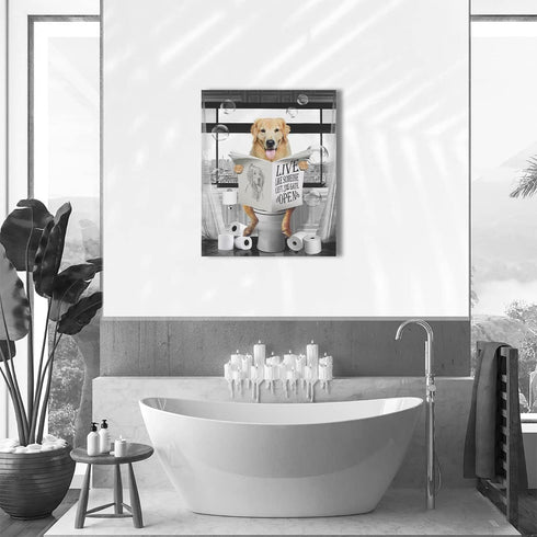 Golden Retriever Canvas Wall Art Black and White Funny Pictures Farmhouse Bathroom Wall Decor Dog Sitting in Toilet Painting for Toilet Bathroom D...