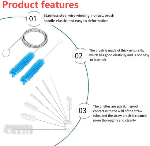 Eitonbu10 Pcs Cleaning Brush Suit,Long Deep Nylon Bottle Brush with Bendable Stainless Steel Flexible Handles for Bottles, Straws, Pipes, Wine Dec...
