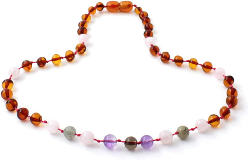 Baltic Amber Necklace with Rose Quartz Amethyst Labradorite (12.6 inches, Cognac/Pink)...
