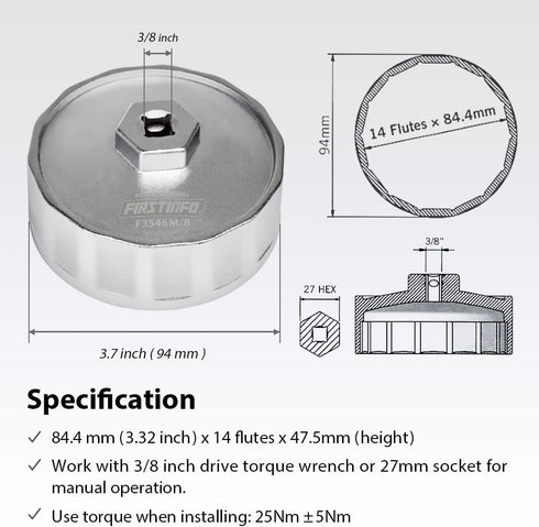 FIRSTINFO F3546BENZ 84.4 mm 14 Flutes Oil Filter Wrench for Mercedes-Benz, Dodge and Jeep with 3.0L Diesel Engines...