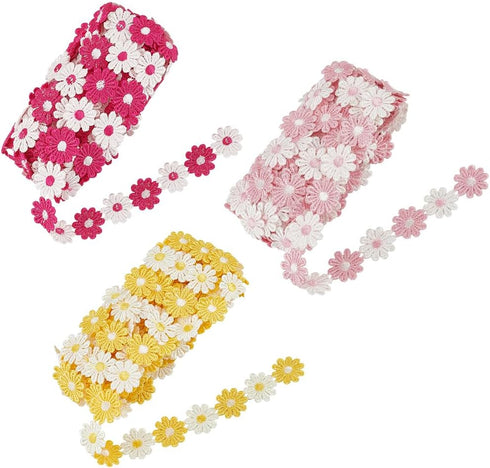 FINGERINSPIRE 15 Yards Daisy Flower Lace Trim Yellow/Deep Pink/Pink Daisy Ribbon Sun Flower Decorating Lace Trim Flower Embroidered Trim Ribbons D...