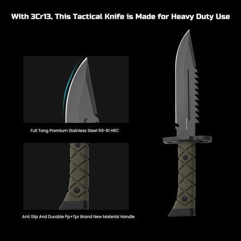 15" Fixed Blade Tactical Knives with Sheath, Stainless Steel Survival Hunting Bushcraft Full Tang Non-Slip Handle Knife with Serrated Blade Back f...