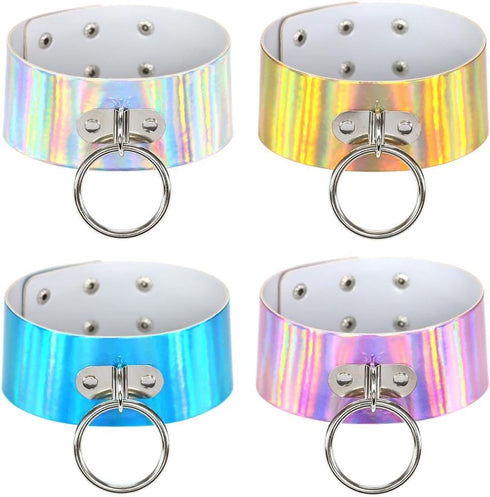 Multicolor Holographic Hologram PU Large O Shape Ring Neckband Choker Necklace Set, 4PCs PN1560...