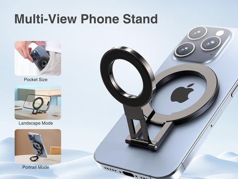 Dual Magnetic Foldable Phone Stand for Desk & Gym, for Magsafe Adjustable Travel Cell Phone Holder, All-Metal Portable Desktop Cellphone Stand Com...