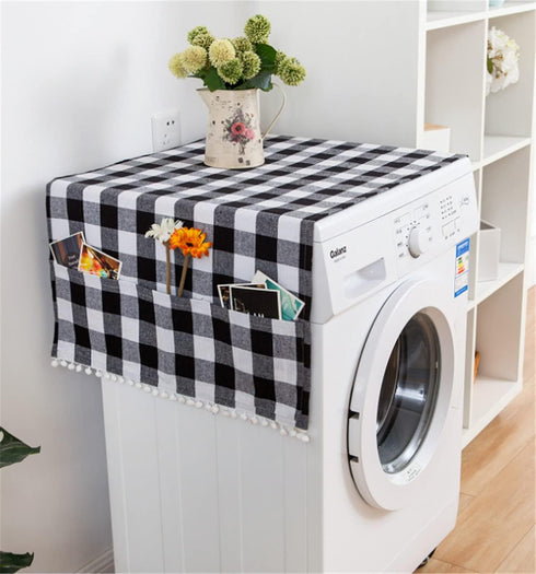 Ammsochy Washing Machine Cover Dust Oil Proof Dryer Top Loader Cloth with Side Storage Pockets Cotton Linen Kitchen Refrigerator Appliance Protector (Black-White grids)