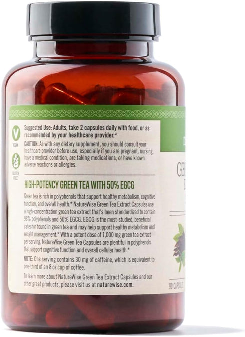 NatureWise Green Tea Extract Capsules 1000 mg - 50% EGCG & 98% Polyphenols - Extra Strength Antioxidants for Heart Health and Energy - Vegan, Glut...
