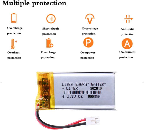 3.7V 902040 900mAh Lithium Polymer ion Battery Rechargeable Polymer Battery Pack with JST 2.0mm Connector...